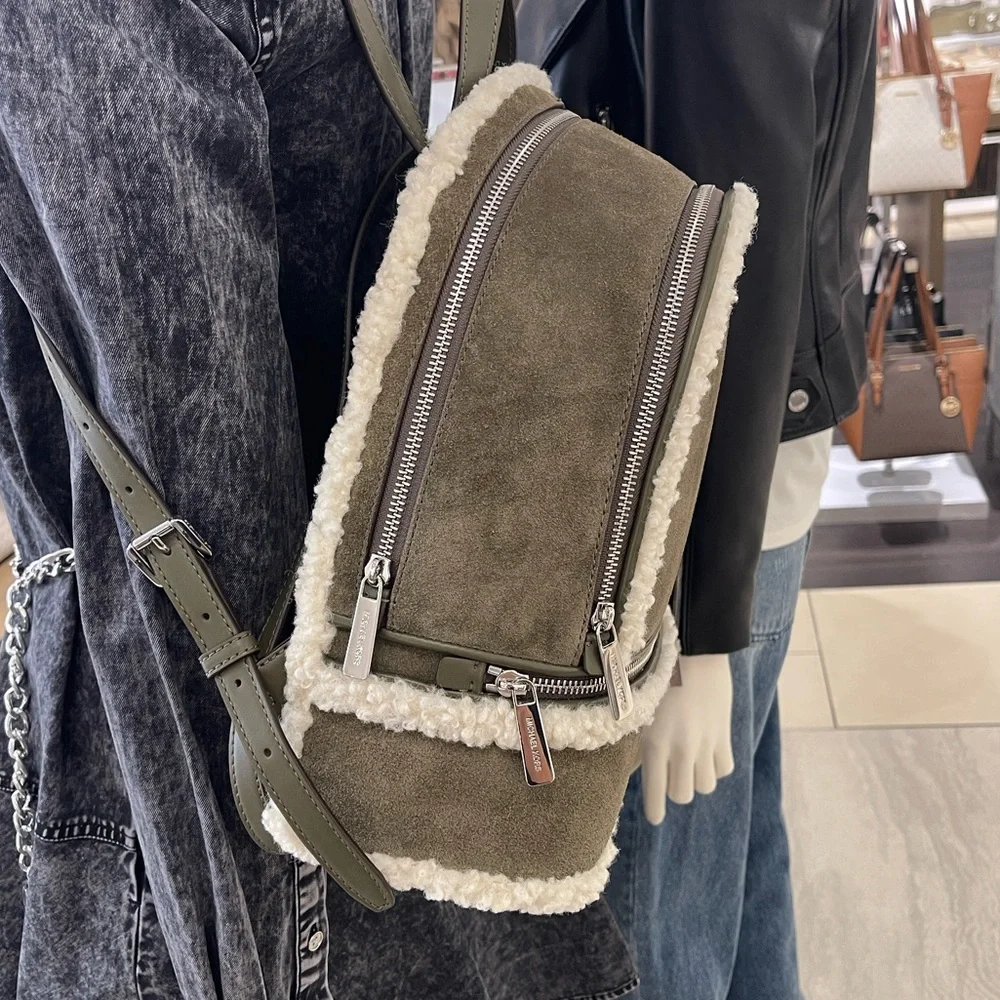 MICHAEL KORS Rhea Medium Suede and Faux Shearling Backpack Olive NWT